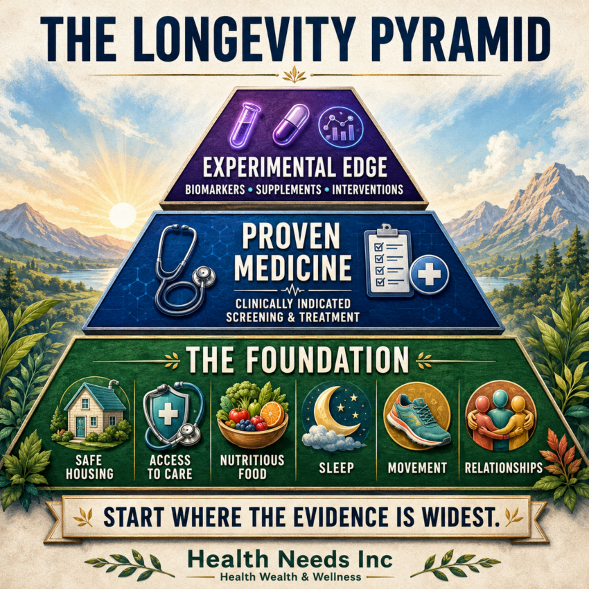 Longevity pyramid placing daily living conditions and proven prevention below experimental tests and treatments.