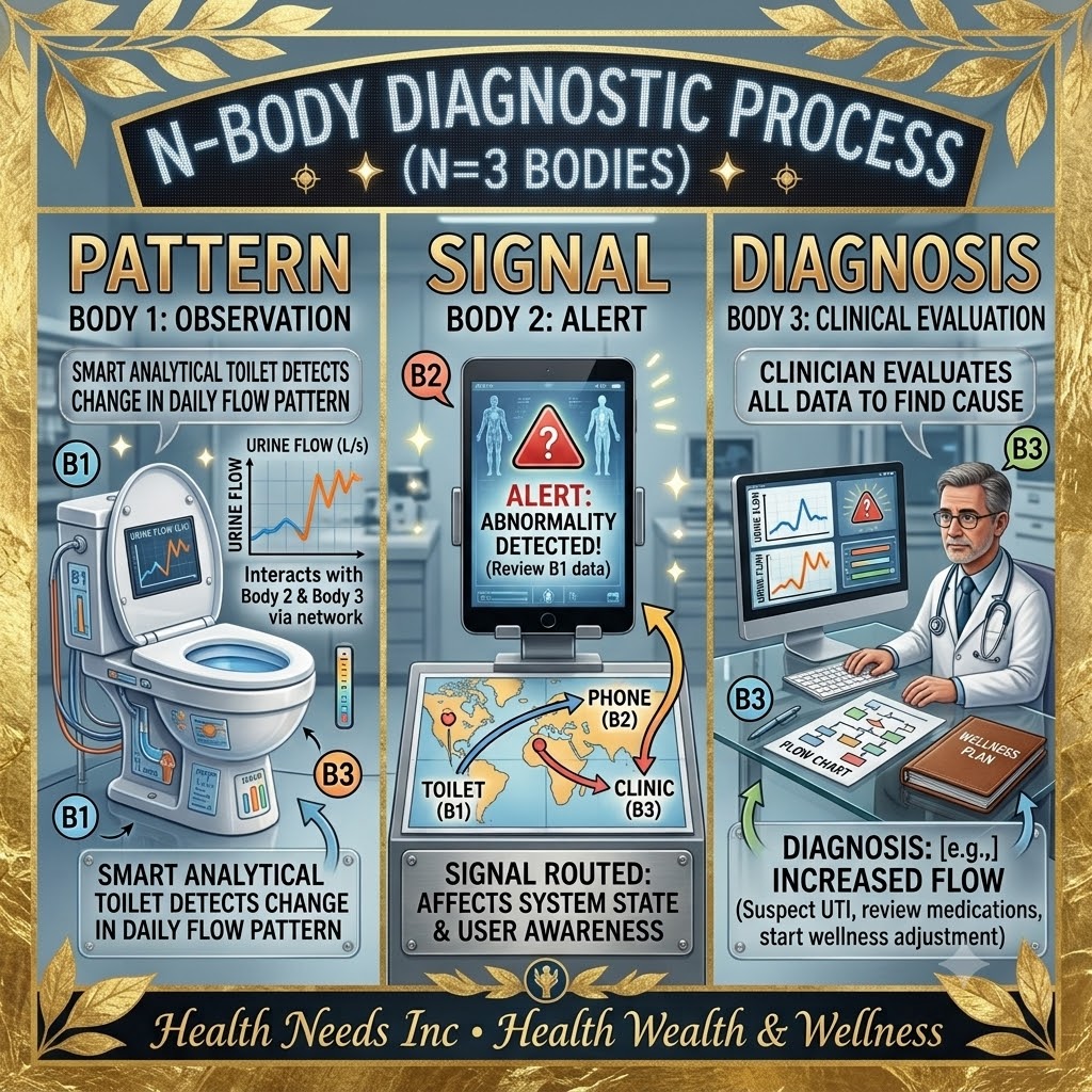 three-panel visual labeled “PATTERN, SIGNAL, DIAGNOSIS,” showing a smart toilet observing a change