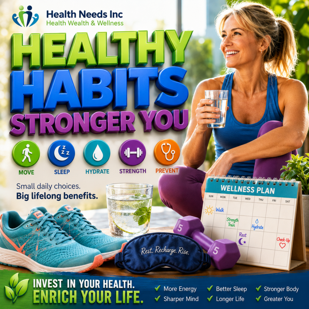 Physical wellness illustration with movement, sleep, hydration, and strength activities