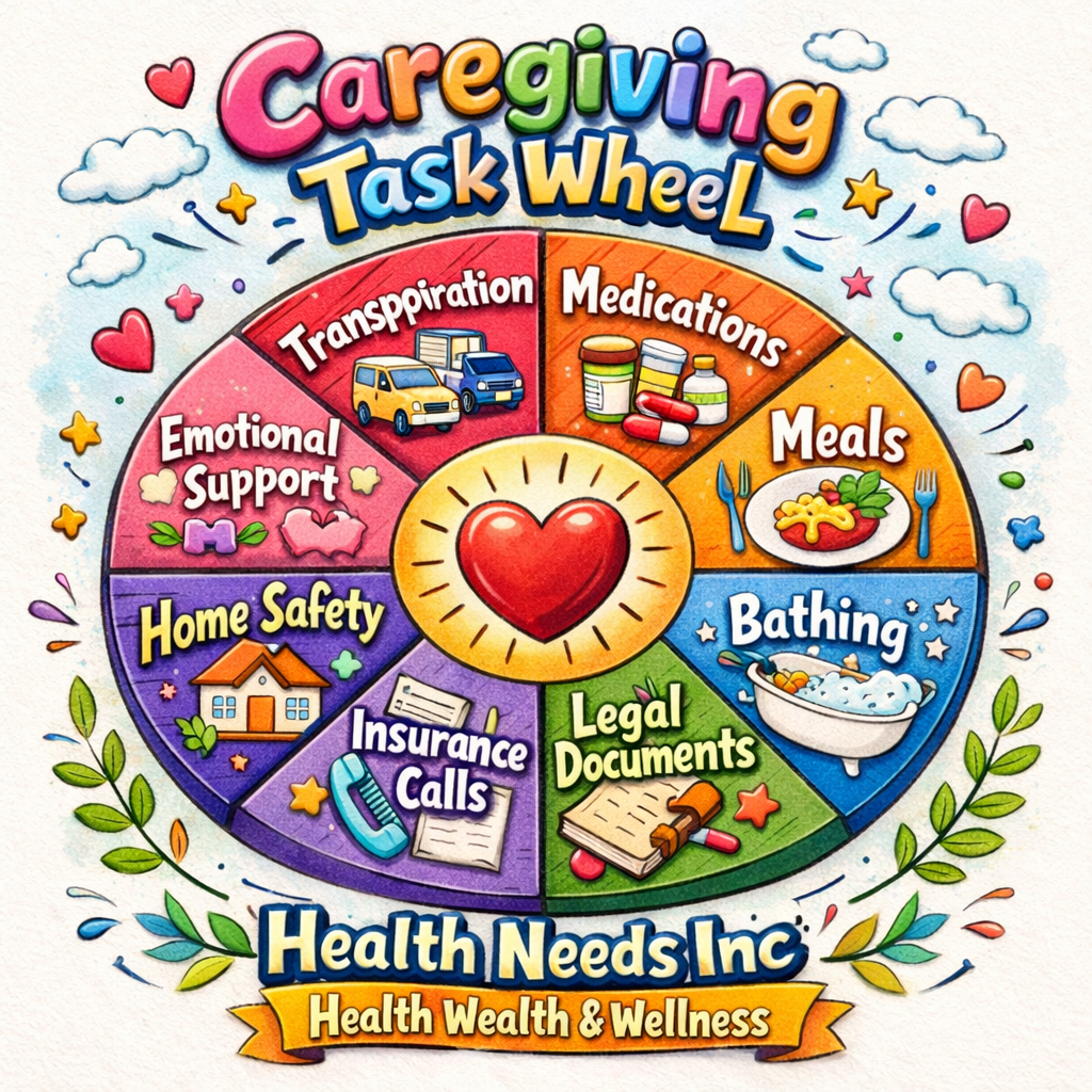 A caregiving task wheel showing transportation, medications, meals, bathing, insurance calls, legal documents, home safety, and emotional support.