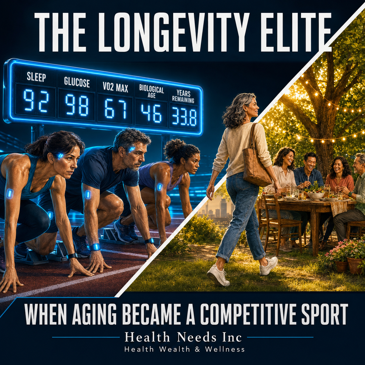 Affluent adults competing on a longevity scoreboard while one person chooses an ordinary social life instead.