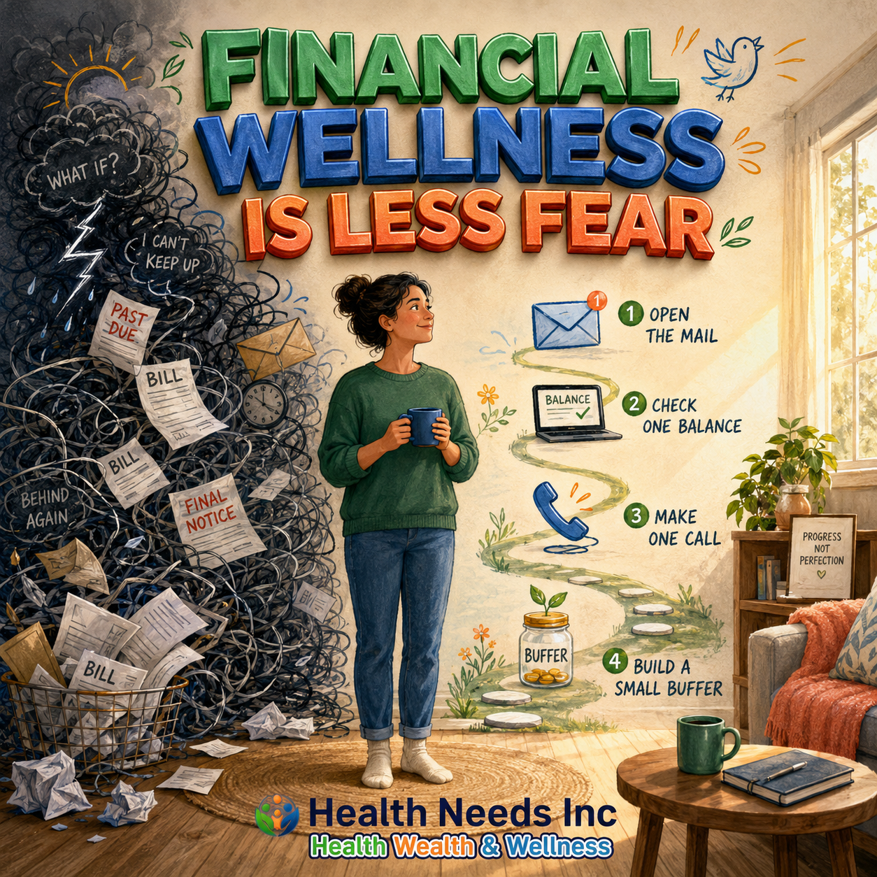 Person in a calm environment illustrating financial wellness as stress reduction rather than wealth accumulation