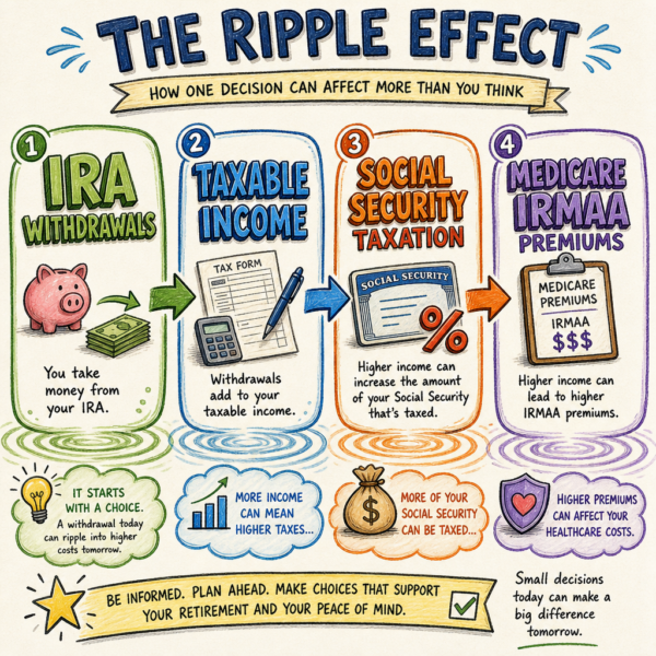 flow chart showing how one retirement income decision can ripple into several areas: IRA Withdrawals → Taxable Income → Social Security Taxation → Medicare IRMAA Premiums.