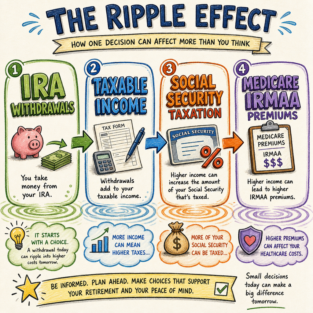 flow chart showing how one retirement income decision can ripple into several areas: IRA Withdrawals → Taxable Income → Social Security Taxation → Medicare IRMAA Premiums.