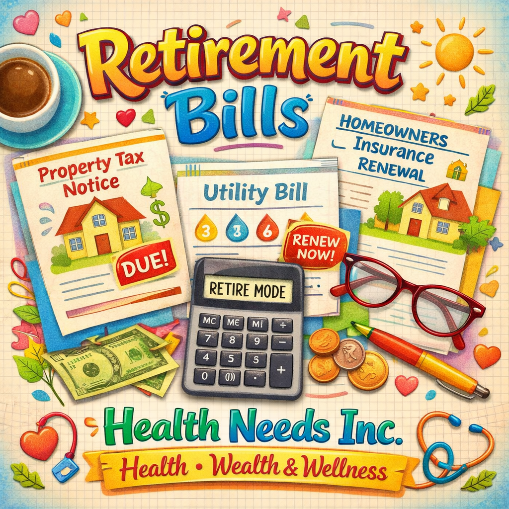 A retirement household bills flat lay showing a property tax notice, homeowners insurance renewal, utility bill, calculator, and reading glasses.