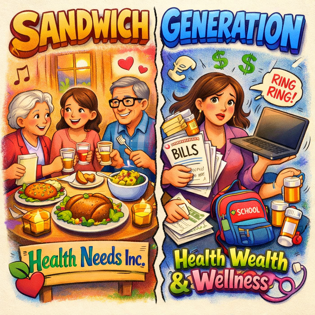 A split-screen family image showing one side as warm family dinner and the other as adult child juggling laptop, elder care paperwork, school backpack, prescription bottles, and bills.