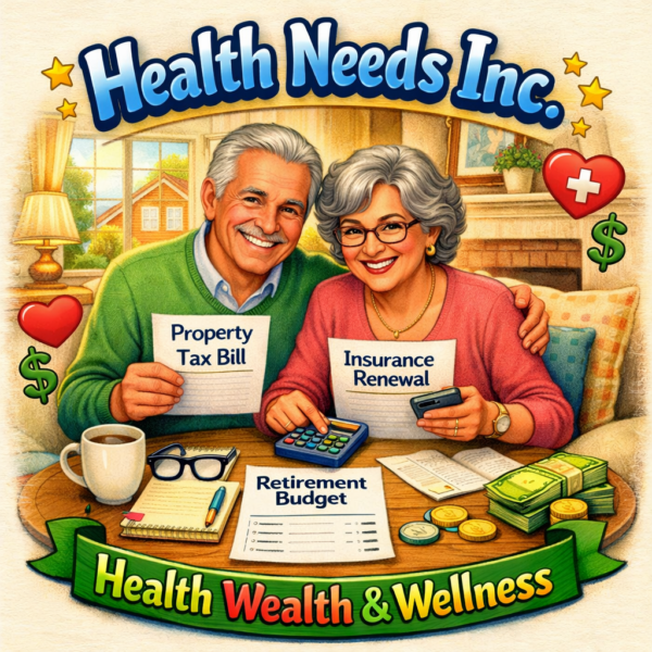 Retired couple reviewing a property tax bill, home insurance renewal, and retirement budget at their kitchen table