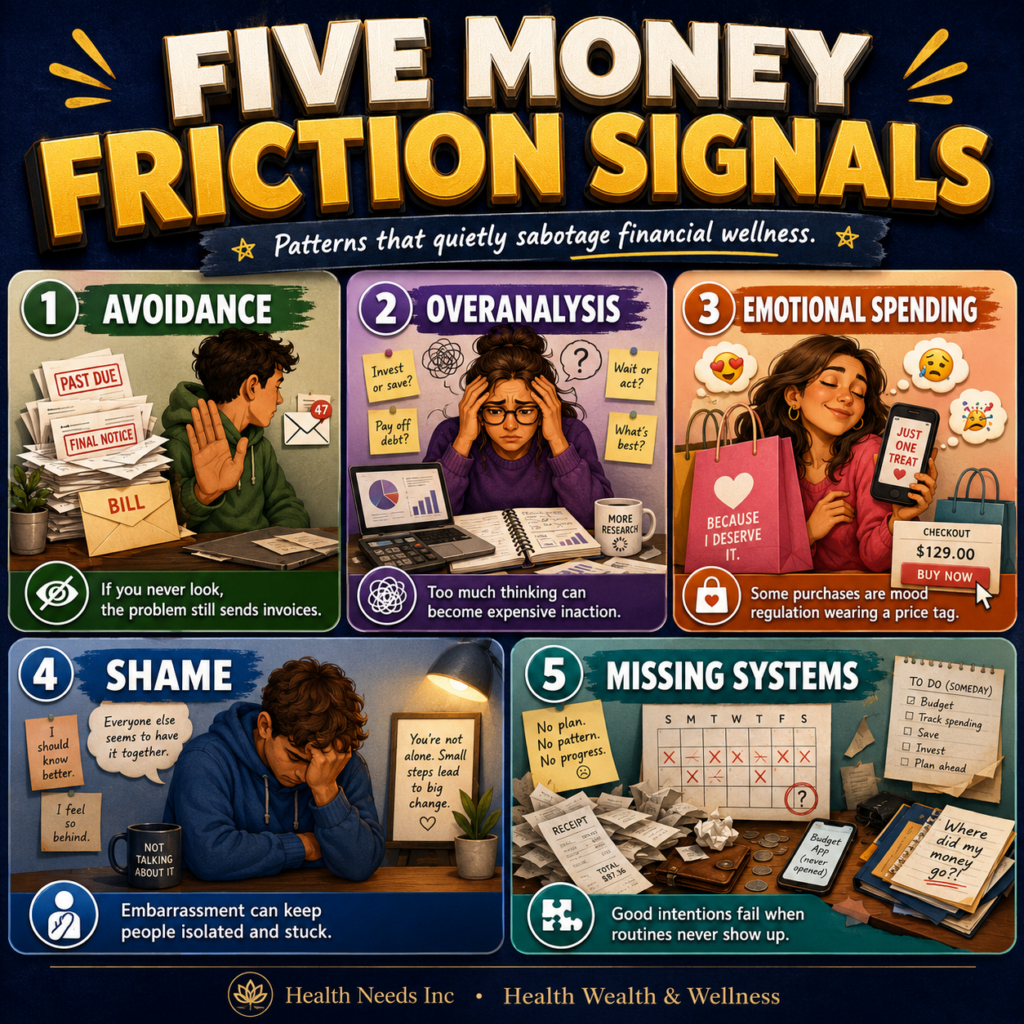 Five money friction signals: avoidance, over analysis, emotional spending, shame, and missing systems.