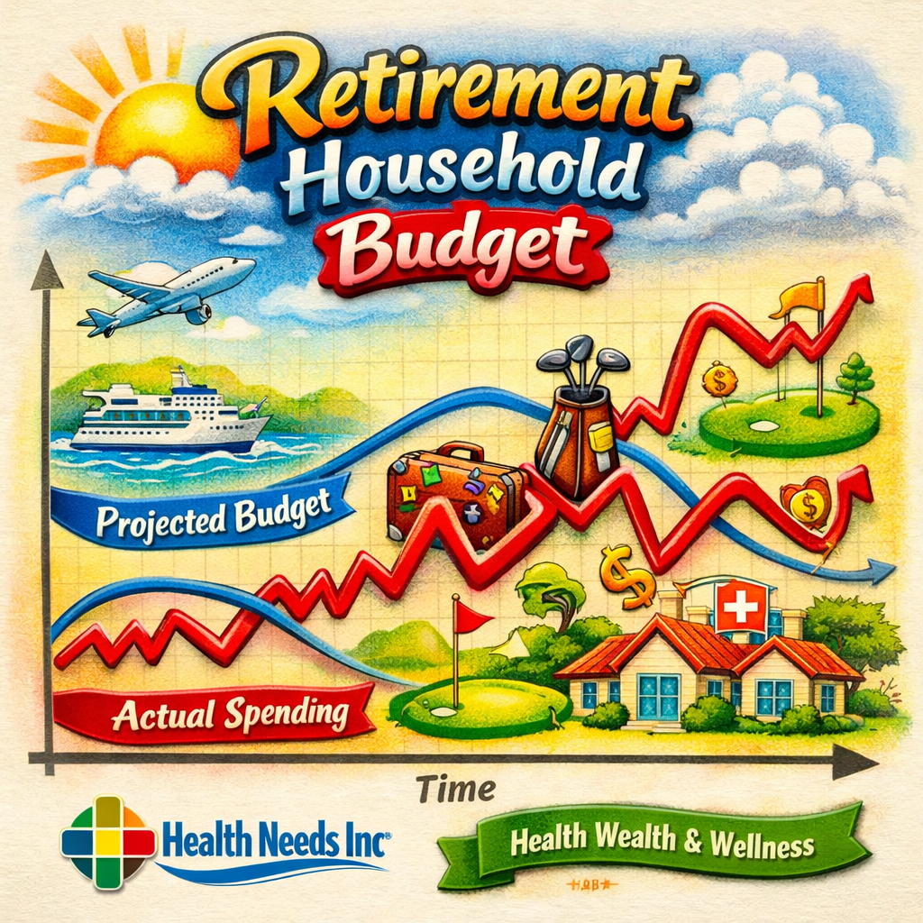 A retirement household budget with a smooth projected line beside a jagged real-life spending line showing home repairs, Medicare costs, family support, and travel.