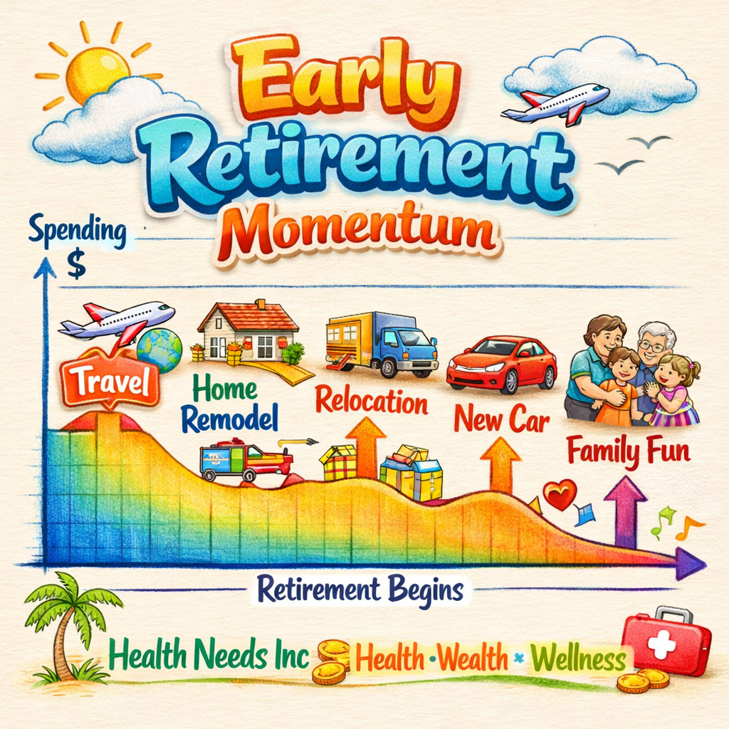 Retirement spending patterns chart showing declining average expenses interrupted by housing, health care, family, and long-term care cost spikes.
