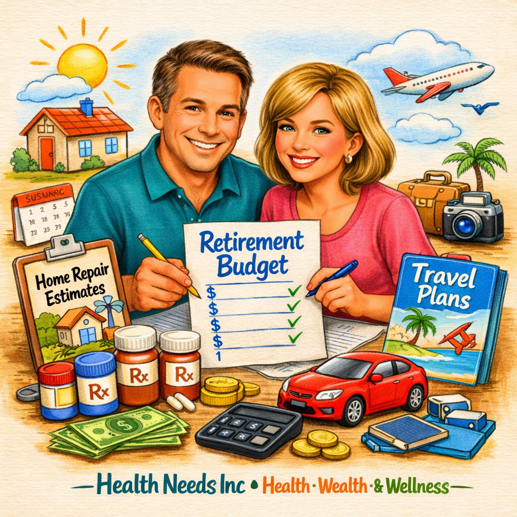 Retired couple comparing normal expenses with irregular housing, insurance, medical, and travel costs.