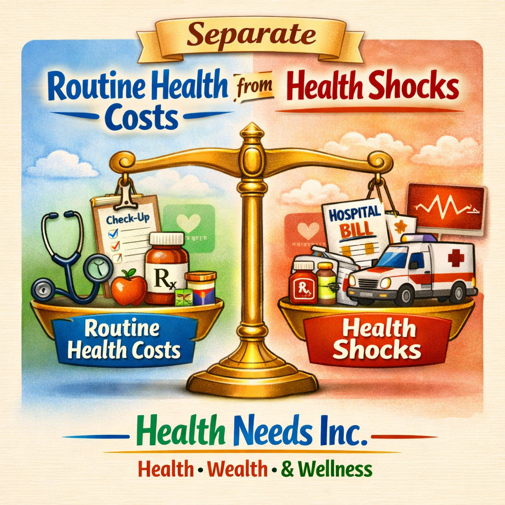 Retirement health care cost timeline showing routine expenses and sudden medical spending spikes.