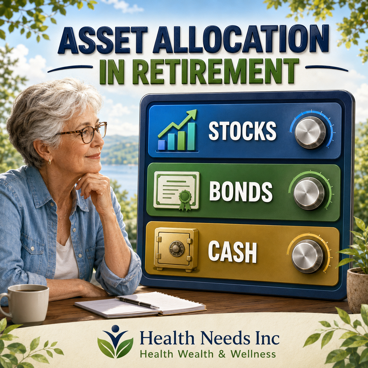 Older adult reviewing stocks, bonds, and cash for asset allocation in retirement.