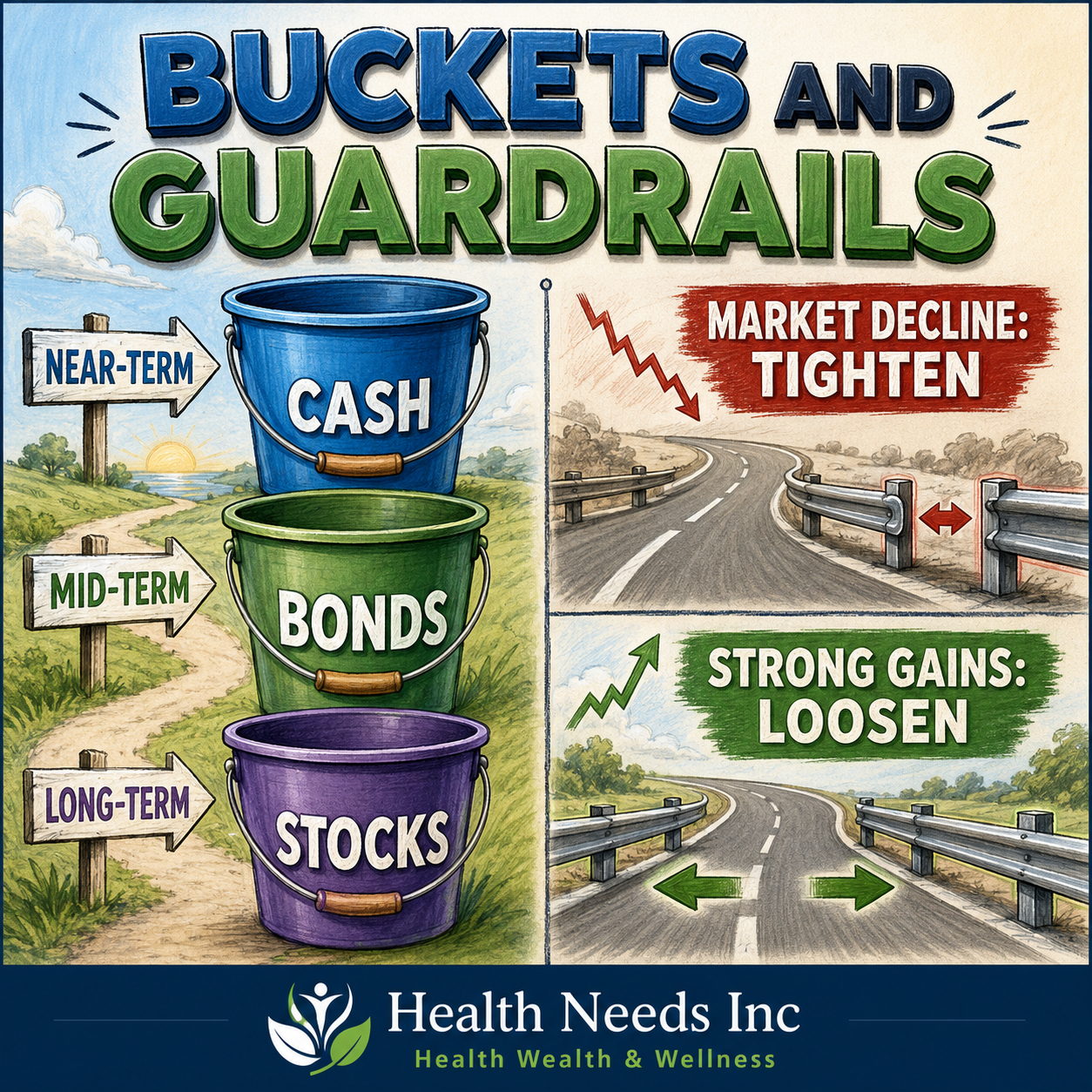 Retirement buckets and spending guardrails comparing cash, bonds, stocks, and flexible withdrawals.