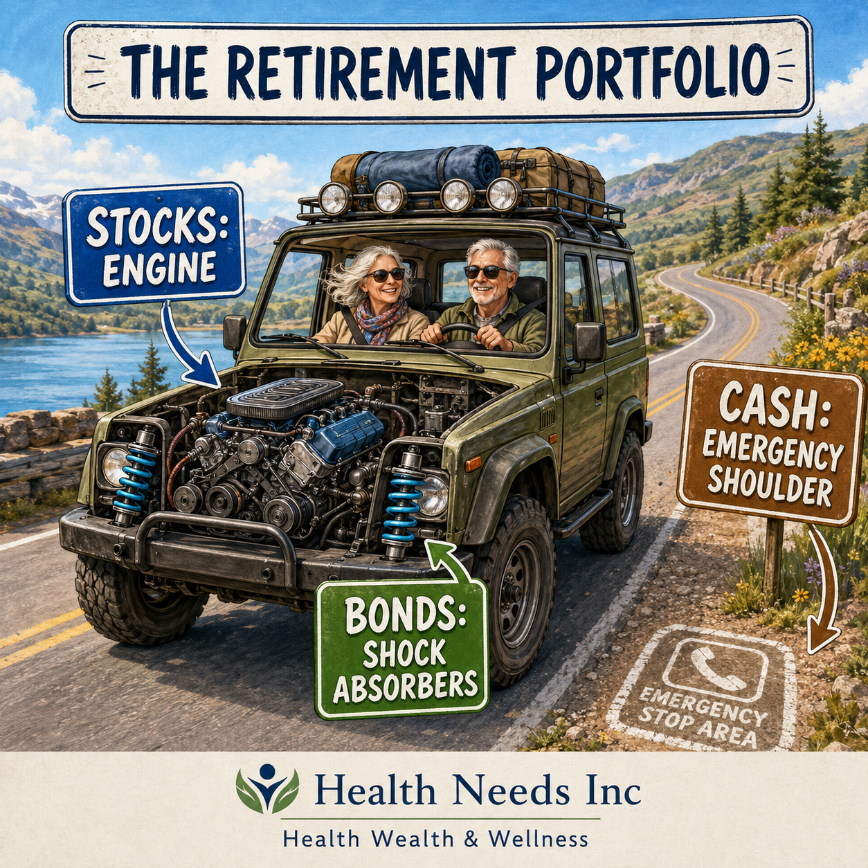 Retirement portfolio vehicle using stocks for growth, bonds as shock absorbers, and cash for emergencies.