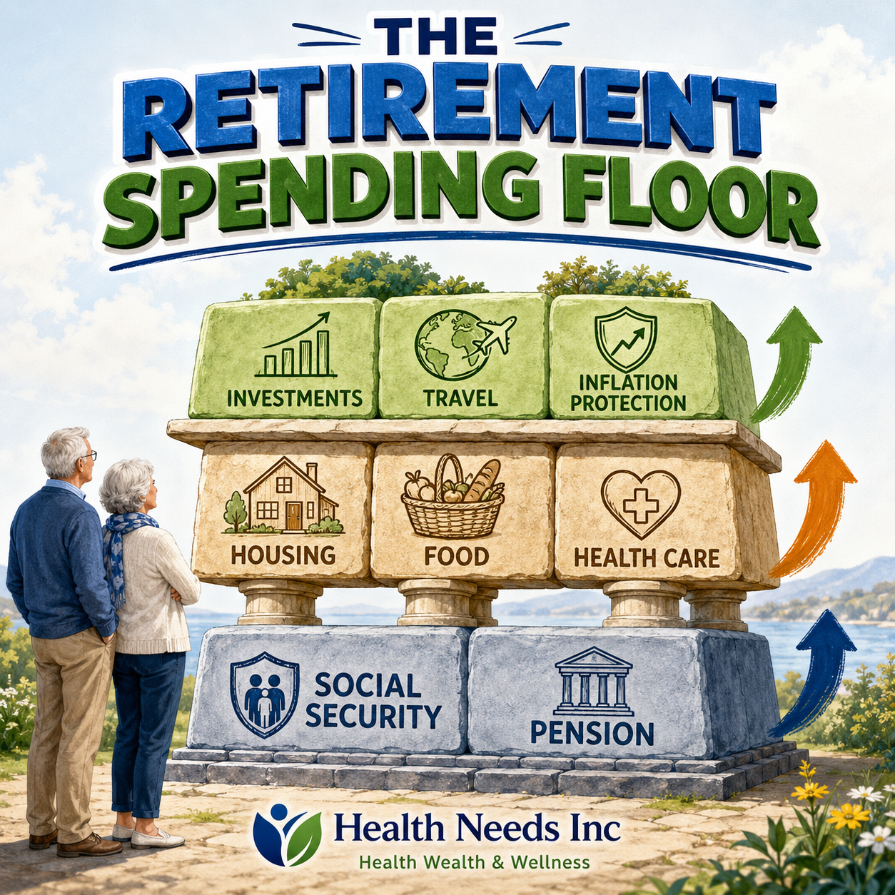 Retirement spending floor supported by Social Security and pensions with investments providing growth and flexibility.