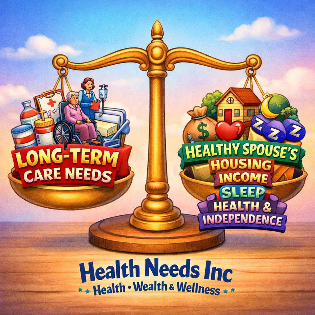 Hand-drawn balance scale showing long-term care needs on one side and the healthy spouse’s housing, income, sleep, health, and independence on the other.