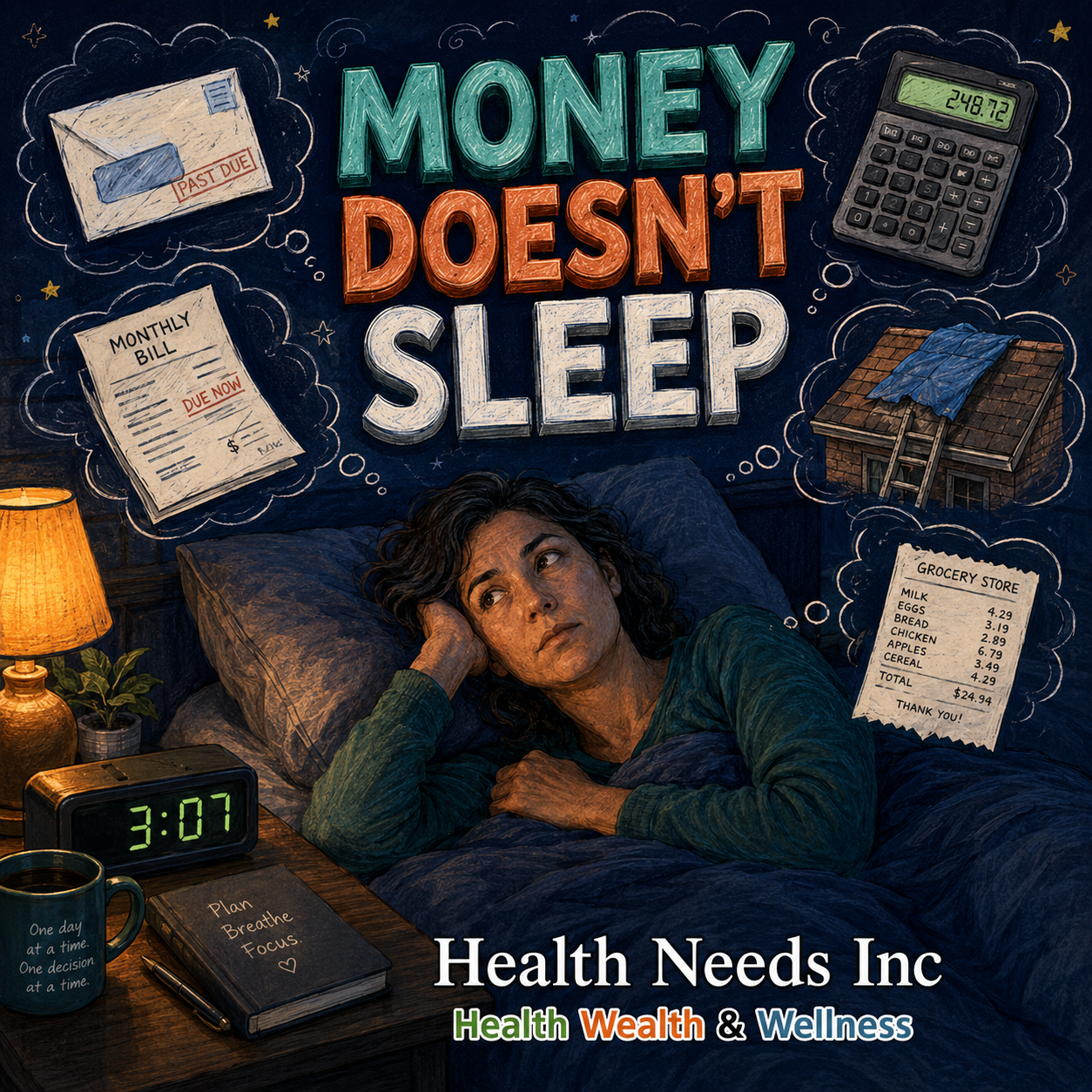 Person lying awake at night experiencing financial stress symptoms including insomnia and worry
