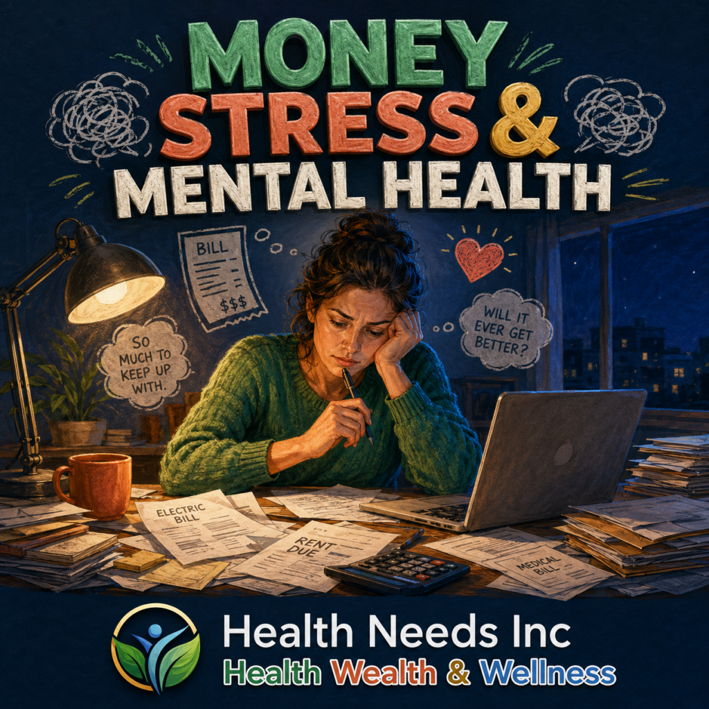 Person sitting at a desk at night surrounded by bills, illustrating money stress and mental health