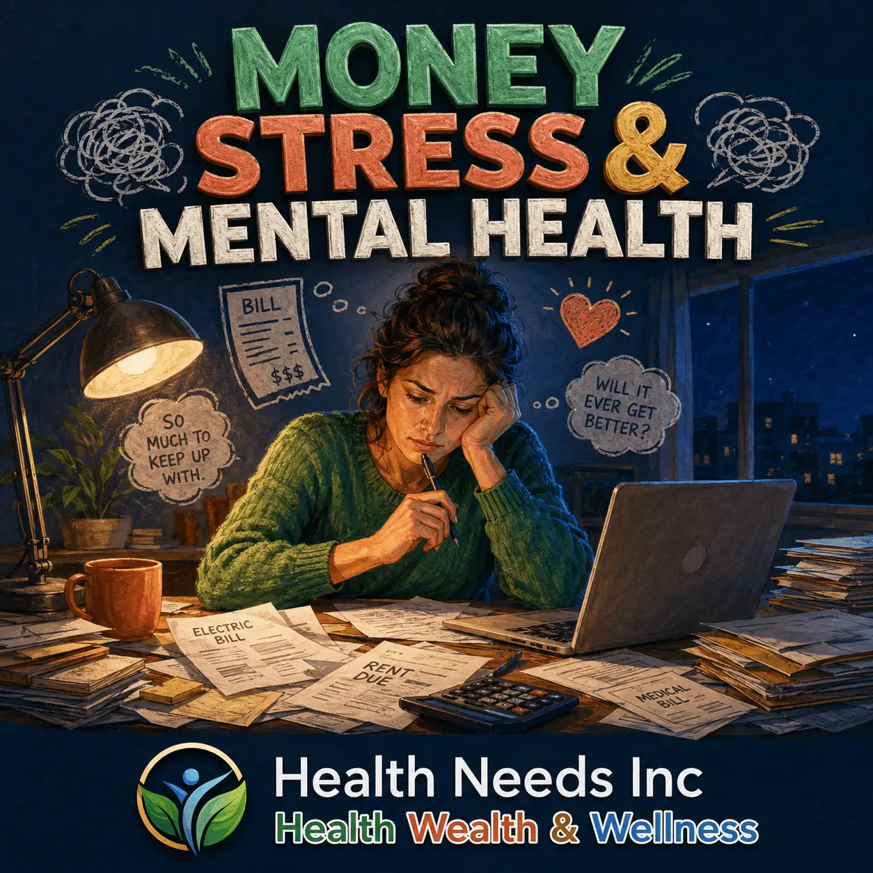 Person reviewing bills at night