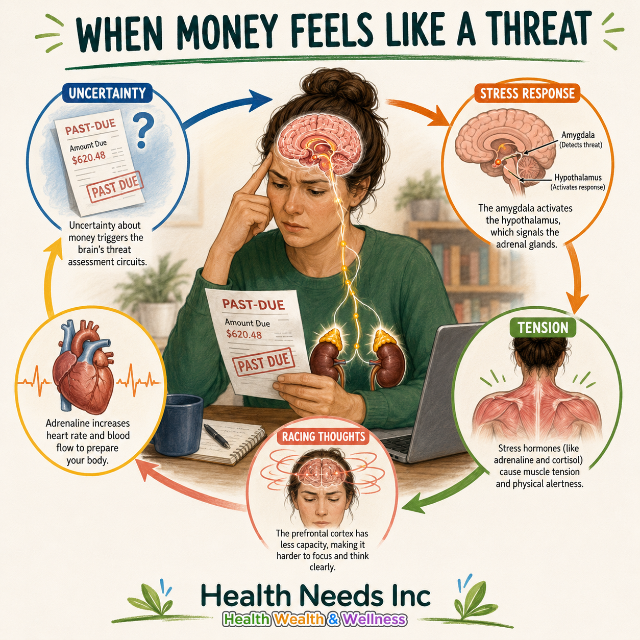 Illustration of cortisol stress response triggered by financial anxiety and money stress