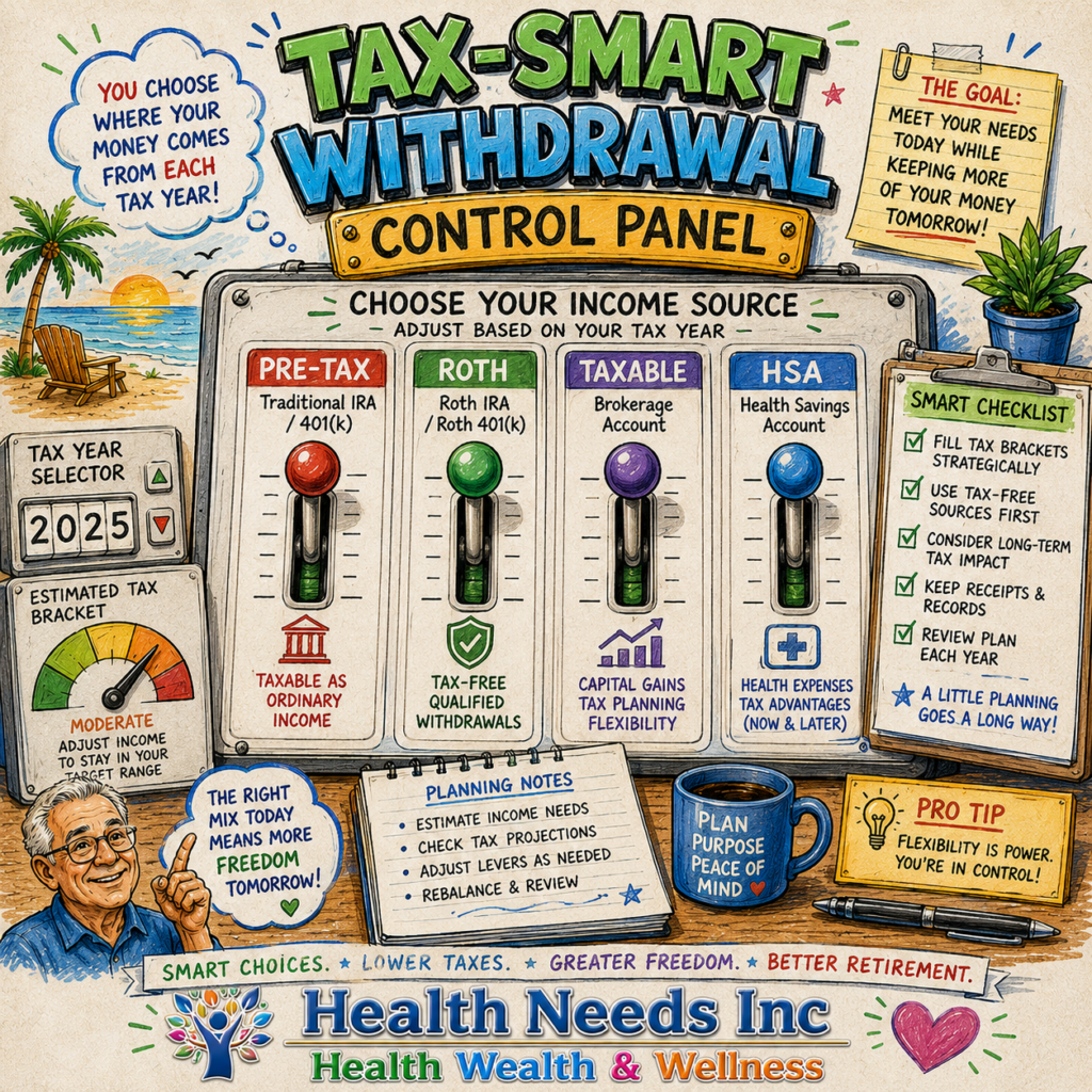 a clean financial control panel with four levers labeled Pre-Tax, Roth, Taxable, and HSA