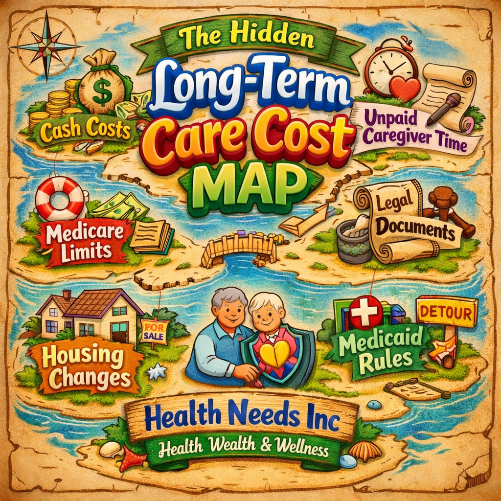 Infographic showing hidden long-term care costs including home care, Medicaid rules, caregiver stress, legal documents, and spouse protection.