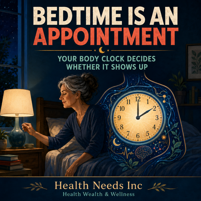 Adult preparing for bed while an internal body clock still signals wakefulness, illustrating the difference between bedtime and circadian timing.