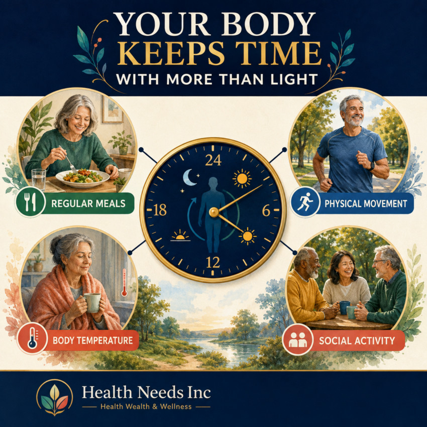 Circadian clock connected to meal timing, physical activity, body temperature, and daylight signals.