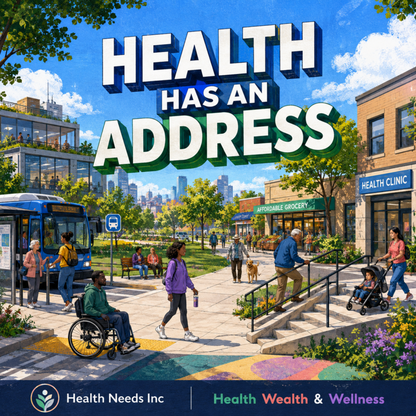 Accessible neighborhood with sidewalks, transit, park, grocery store, clinic, workplace, shade, stairs, and ramp shaping opportunities for physical wellness.