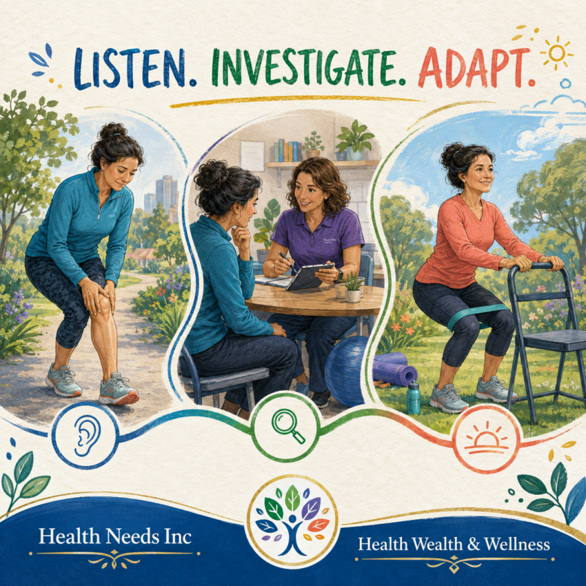 Adult notices knee pain, consults a health professional, and returns to activity using a safe modification
