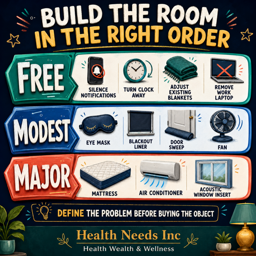 Budget-first hierarchy for improving a bedroom from free changes to selective major purchases.