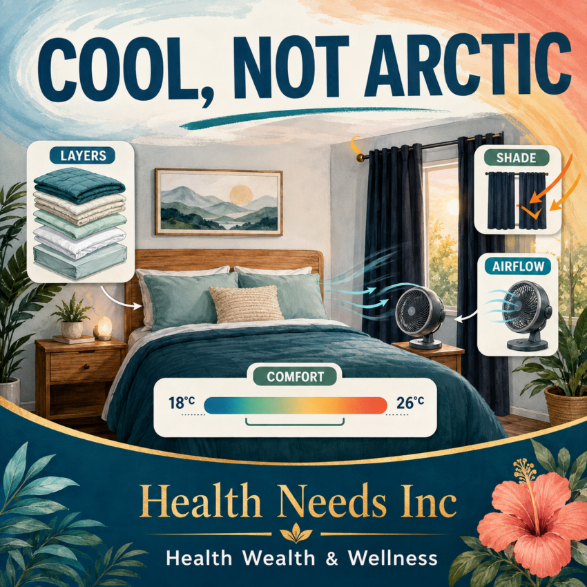 Bedroom temperature controls using layered bedding, airflow, shade, and a flexible comfort range.