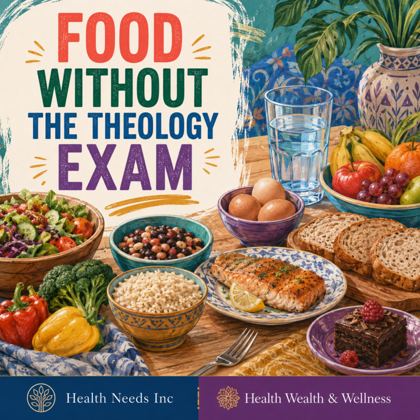 Flexible everyday meal table with varied affordable foods, water, and dessert representing nourishment without rigid food rules.