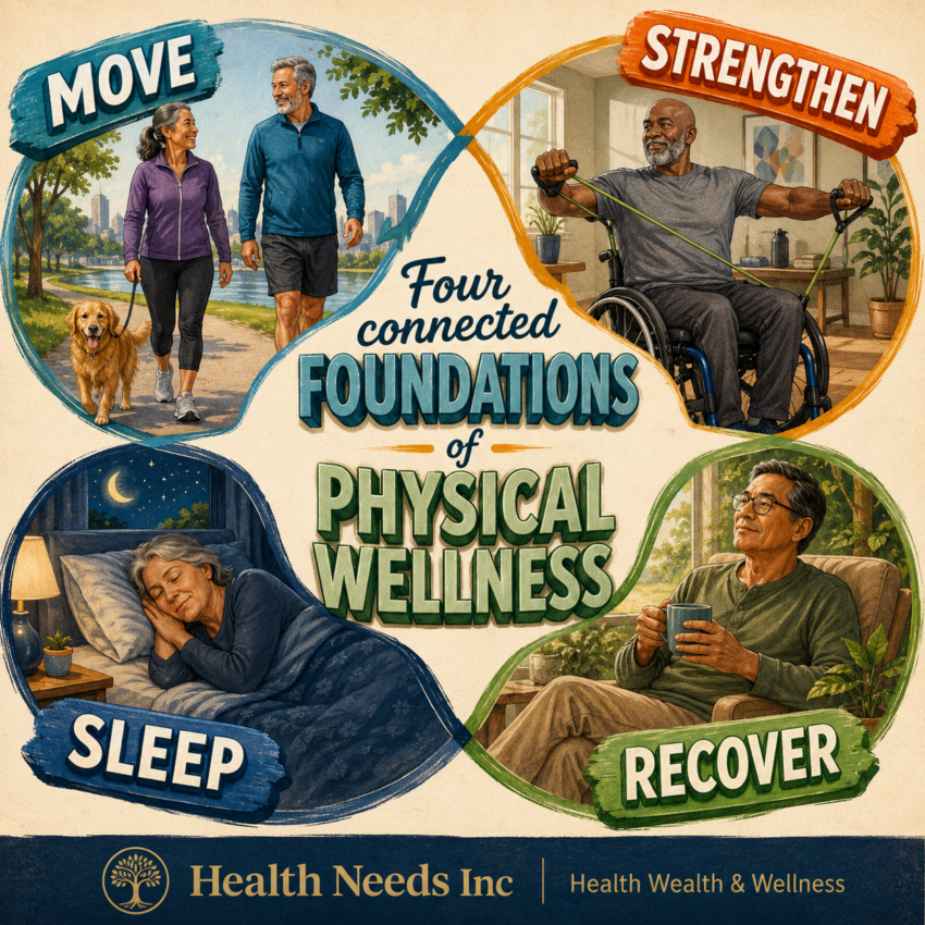 Four connected foundations of physical wellness: movement, strength, sleep, and recovery.