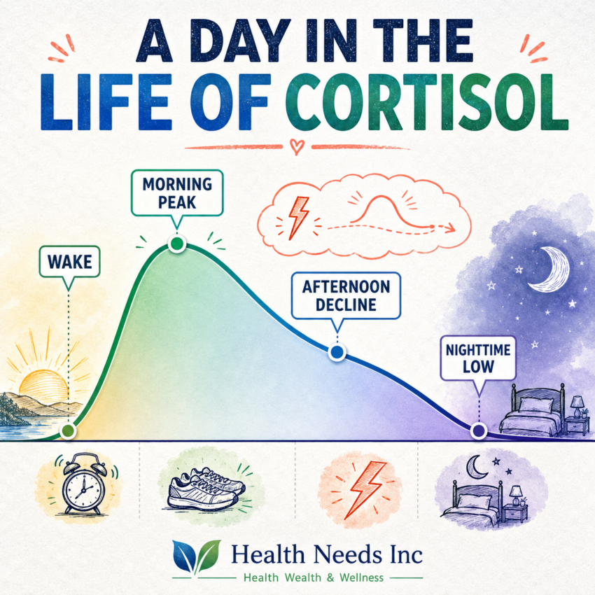 Infographic showing cortisol typically highest around waking and lower near bedtime.