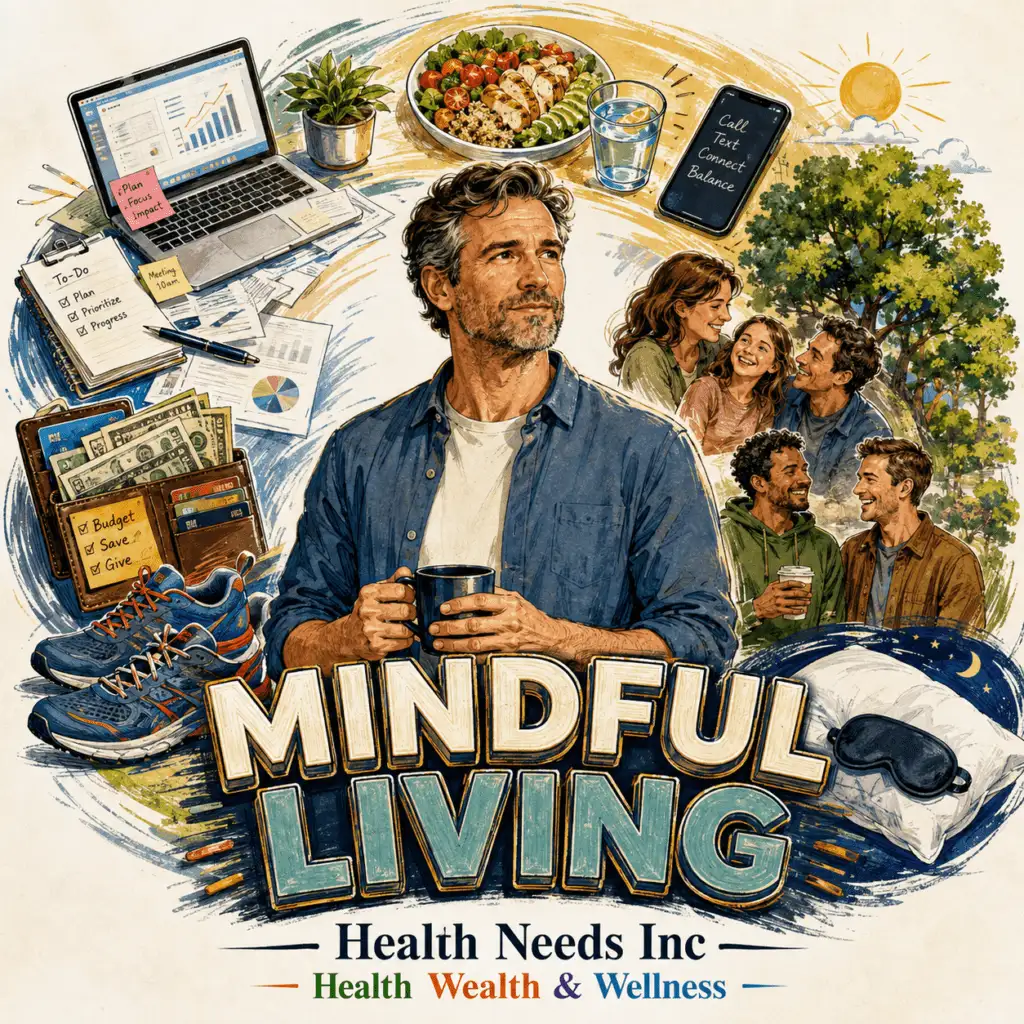 Adult practicing mindful living by pausing amid work, relationships, meals, money, nature, and rest.