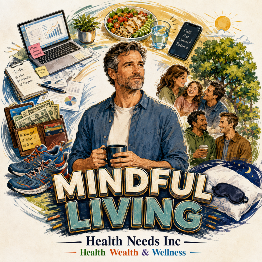 Adult practicing mindful living by pausing amid work, relationships, meals, money, nature, and rest.
