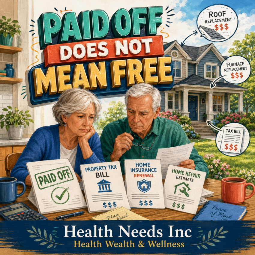 Retired couple planning for property taxes, insurance, and repairs after paying off their mortgage.