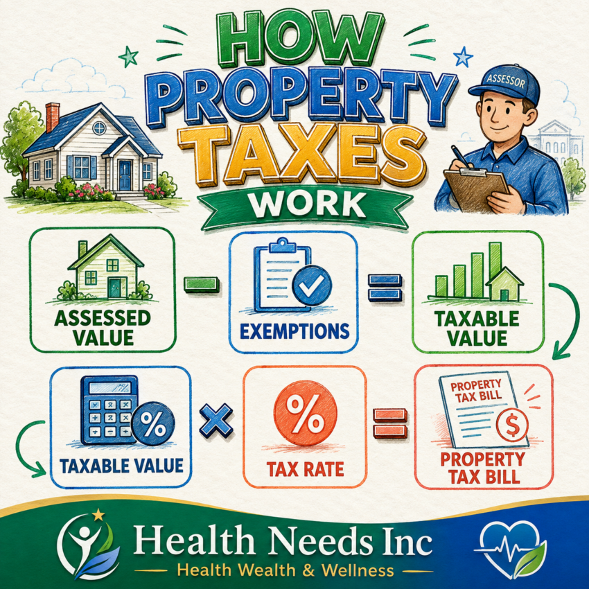 Property-tax formula showing how assessed value, exemptions, taxable value, and tax rate determine the bill.