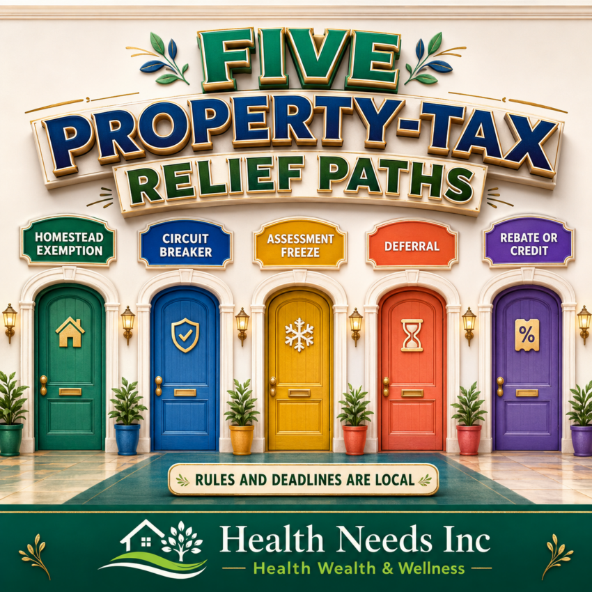 Five property-tax relief options for retirees, including exemptions, circuit breakers, freezes, deferrals, and rebates.