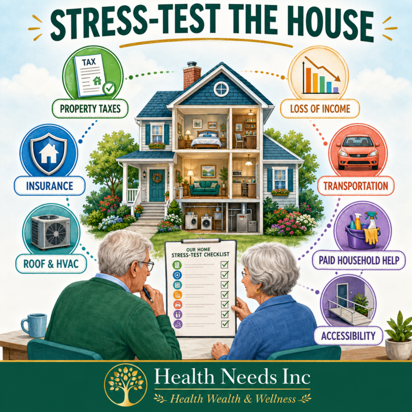 Retirement home stress test covering taxes, insurance, repairs, income loss, transportation, household help, and accessibility.