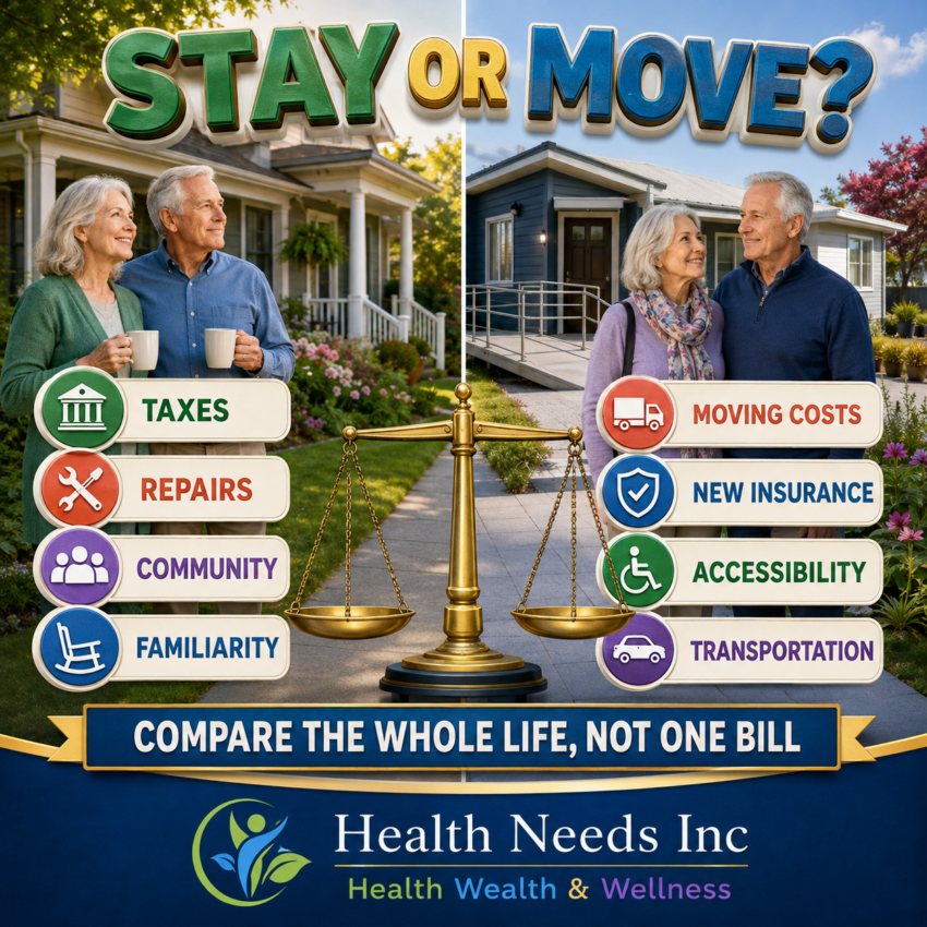 Stay-versus-move comparison for retirees considering full housing costs and quality of life.