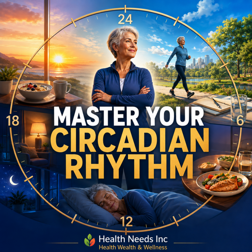 Illustrated 24-hour clock showing morning light, daytime activity, evening dimness, and nighttime sleep as signals that synchronize circadian rhythm.