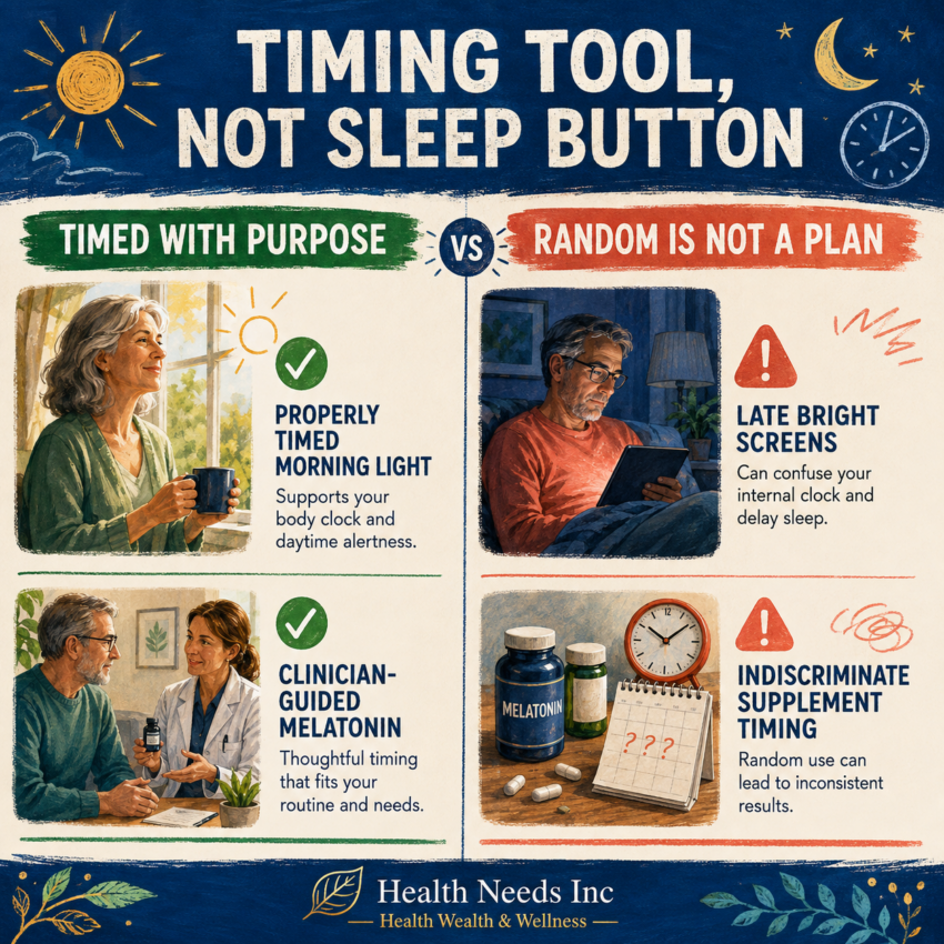 Comparison showing light and melatonin as circadian timing tools rather than universal sleep remedies.