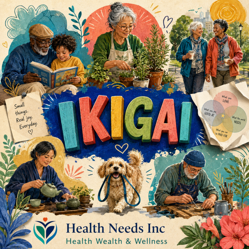 Older adults finding everyday ikigai through family, friendship, gardening, tea, craftsmanship, and caring for a dog