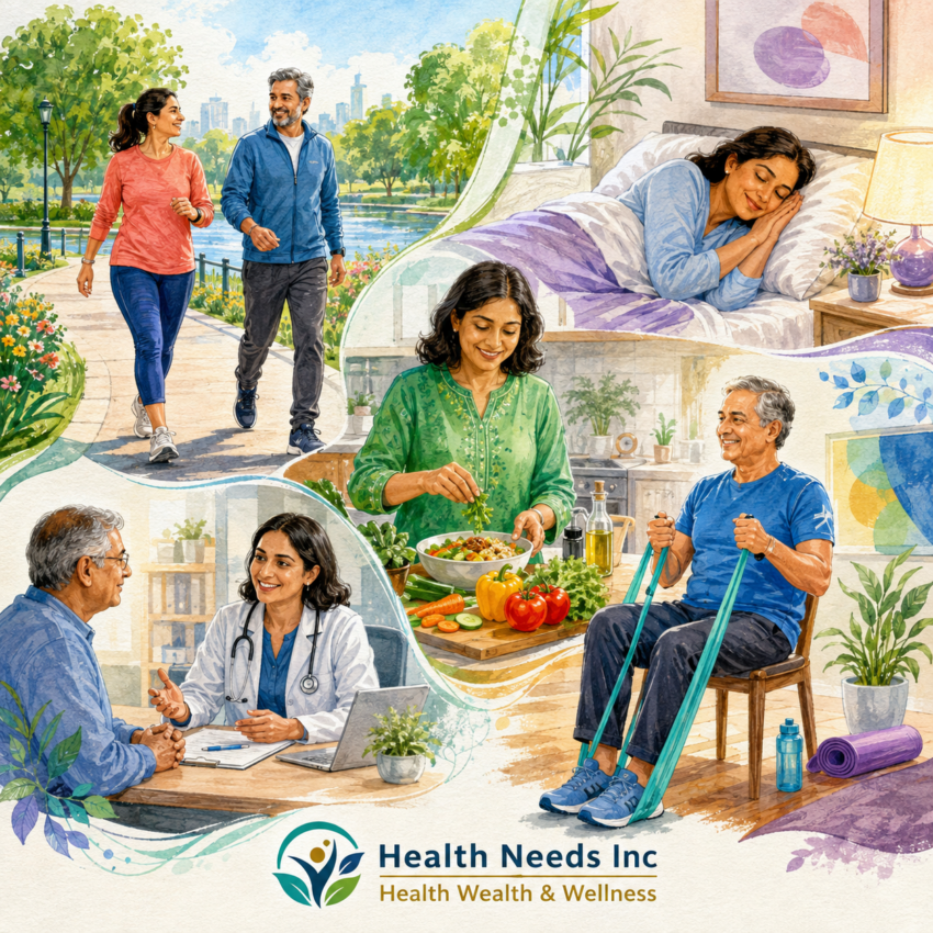 Ordinary adults supporting physical wellness through movement, sleep, nourishing food, preventive care, and adapted strength exercise.