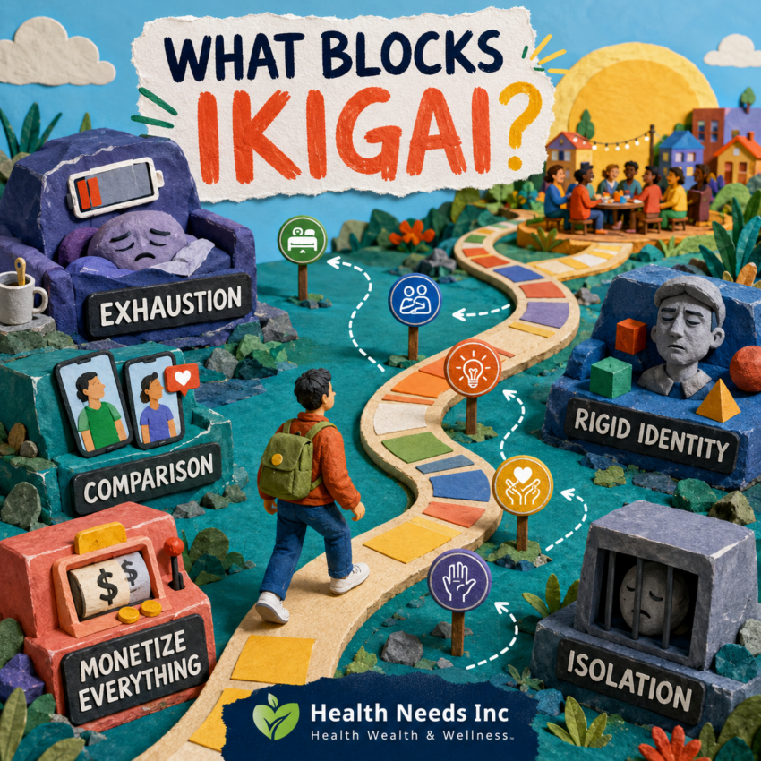Person navigating obstacles to ikigai, including exhaustion, comparison, forced monetization, rigid identity, and isolation