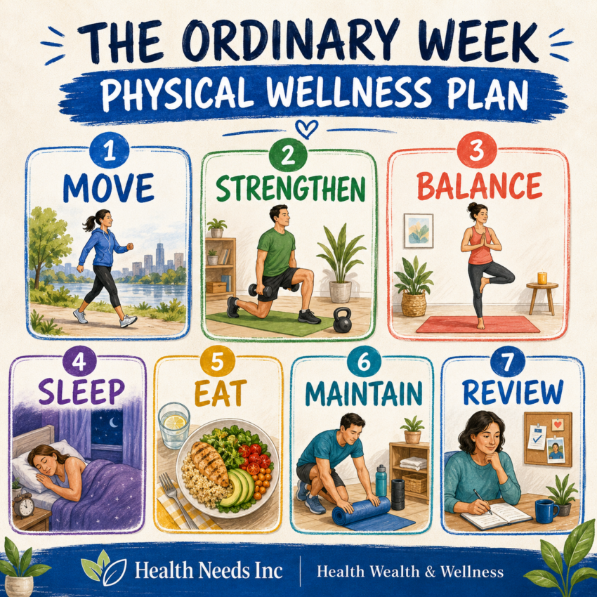 Seven-part physical wellness plan for an ordinary week: movement, strength, balance, sleep, food, preventive care, and review.
