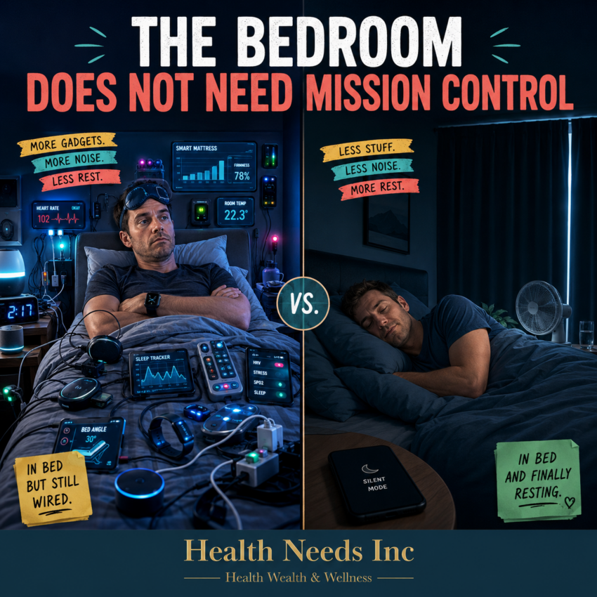 Comparison between a distracting technology-filled bedroom and a simple sleep-supportive room.
